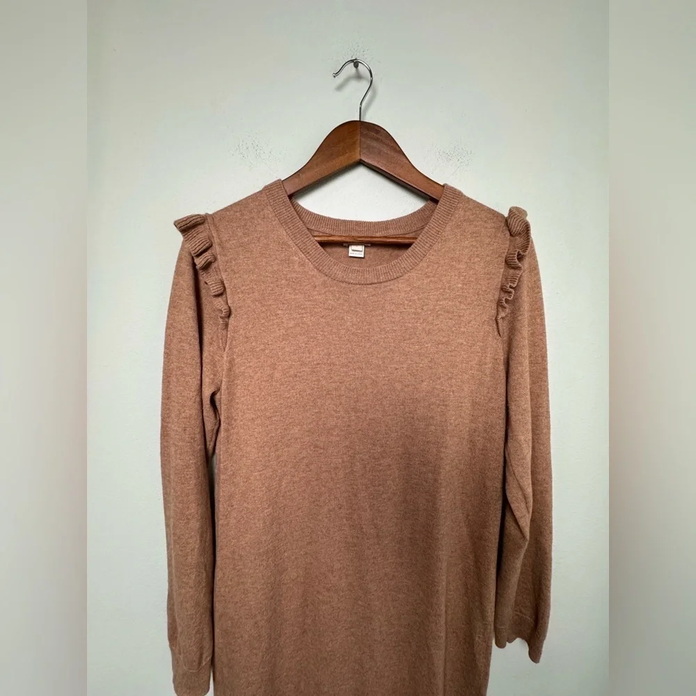 J. Crew Women’s Wool Blend Ruffle-Hem Sweater Dress in Saddle Tan Brown Size‎ L